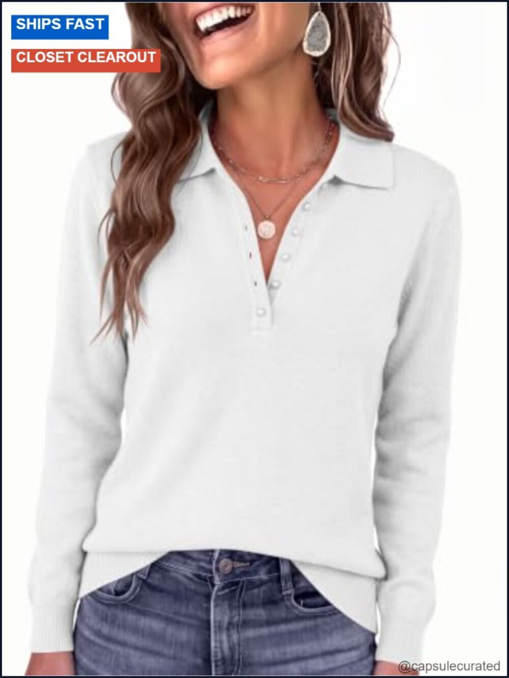 Women's Long Sleeve Polo Sweater Knit Button Shirt Lightweight Casual Pullover